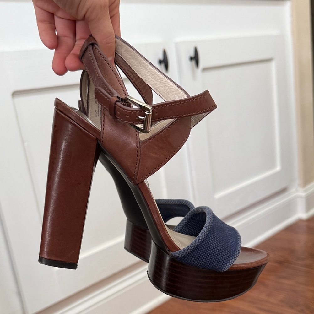 Michael Kors Brown Leather Platform Heels Denim Strap Size 7.5 | Y2K Block Heel - Picture 7 of 11